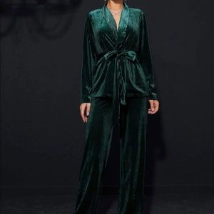 Shawl Collar Belted Velvet Top & Pants